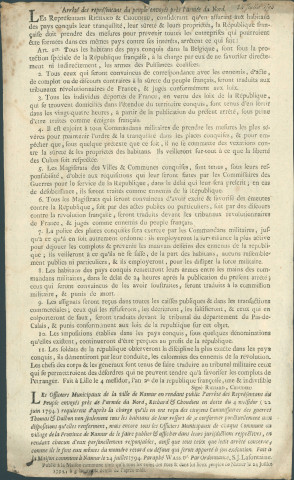 Publication par les officiers municipaux de la Ville de Namur de l'arrêté des resprésentants du peuple envoyés par l'armée du Nord Richard et Choudieu relatif aux mesures prises pour la sécurité et l'administration du territoire. Signé S.J. Lafontaine.