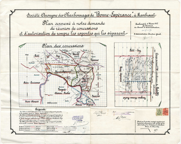 Société Anonyme des Charbonnages de "Bonne-Espérance", à Lambusart. Plan annexé à notre demande de réunion de concessions et d'autorisation de rompre les espontes qui les séparent.