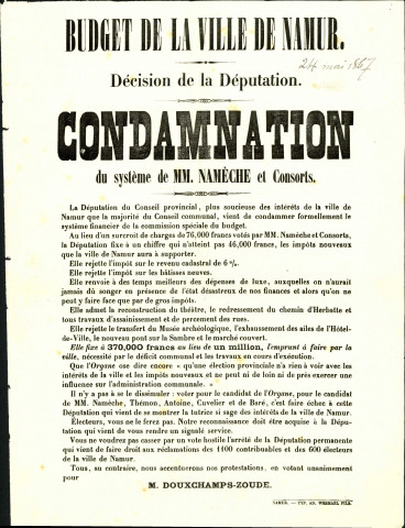 Appel à voter pour Ignace-Joseph Douxchamps-Zoude. Une mention manuscrite date le document du 24 mai 1867.