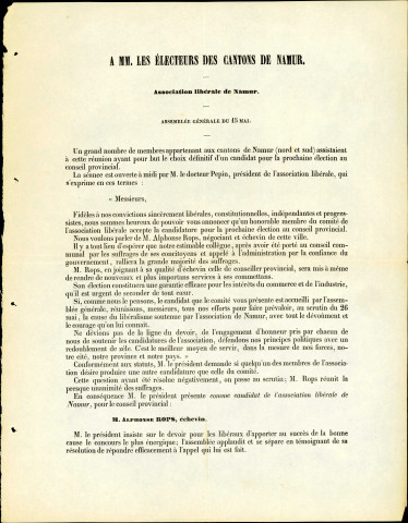 Appel à voter pour Alphonse Rops, candidat de l'Association libérale de Namur.