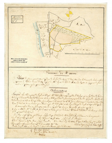 Plan de certaines parties de terrain dépendant de la ferme des Trieux de Dave situés dans les Communes de Jambes et Velaine appartenante à Madame Henriette D'Orjo Epouse de Mr Auguste de Lewarde de Waret, sous lesquelles ils se proposent de faire ouvrir une Exploitation régulière par une Concession.