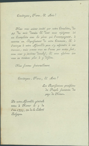 Rappel pour l'envoi par les communes d'un représentant à l'Assemblée générale des représentants provisoires du peuple souverain du pays de Namur