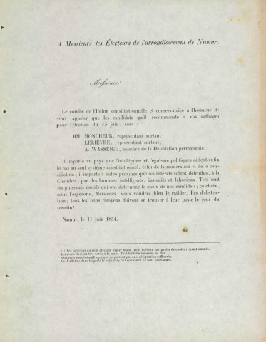 Deux appels à voter pour les candidats de l'Union constitutionnelle et conservatrice de l'arrondissement de Namur.