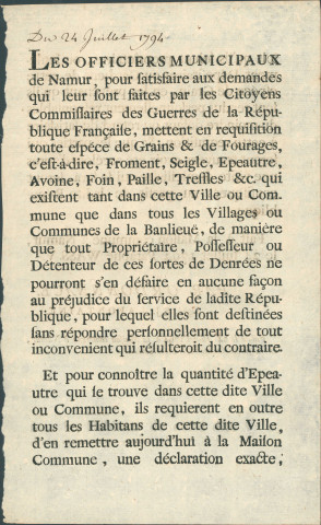 Annonce des officiers municipaux de Namur réquisitionnant les grains et fourrages. Inventaire à fournir. Signé S.J. Lafontaine.