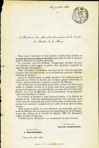 Invitation à assister au Grand concours de chant d'ensemble que la société organise le 29 juillet 1860.