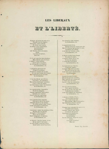 Paroles d'une chanson, en wallon, intitulée : Les libéraux et l'liberté.