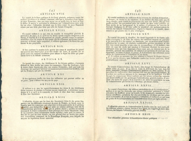Décret de l'Assemblée nationale provisoire de la souveraineté du peuple namurois du 5 février 1793 concernant la formation de l'Administration provisoire du pays (signé des secrétaires Tarte junior, Quevreux, N.J. Boens, Henseval).