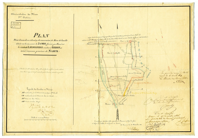 Plan D'une demande en extension de concession de Mine de houille située sur la commune de Jambe formée par Monsieur le comte de Liedekerke rentier à Geronsart même commune province de Namur.