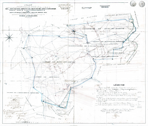 Plan dressé pour annexe à une demande en réunion de cinq concessions ou lambeaux de concession des Mines de Houille de Trieu de la Motte, Miaucourt et Gripelotte, Sart-lez-Moulin, 34h 50a de Trieu des Agneaux et 30h de Monceau-Fontaine, sises sous les territoires de Courcelles, Souvret, Trazegnies, Forchies-la-Marche et Roux, (...), appartenant à la Société Anonyme des Charbonnages du Nord de Charleroi.