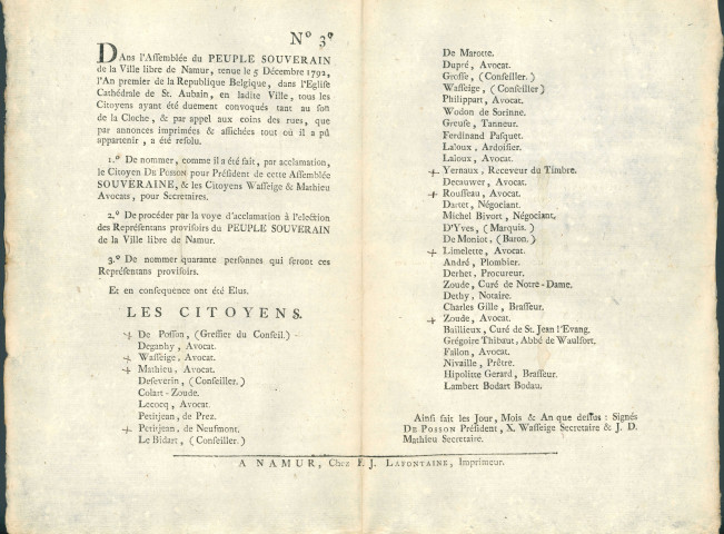 Proclamation (n° 3) de la liste des représentants de l'assemblée souveraine et provisoire de Namur élus le 5 décembre 1792