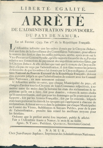 Arrêté de l'administration provisoire du pays de Namur rapportant son arrêté du 23 février 1793 concernant la recette des impôts par le citoyen Dehocx. Signé N. Tassin président, Quevreux secrétaire-général.