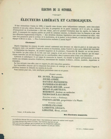 Liste des candidats établie par des électeurs libéraux et catholiques.