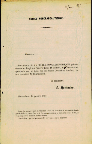 Invitation à la soirée « moncrabeautienne » qui sera donnée, le 18 janvier suivant, au profit des pauvres. Cette soirée aura lieu au local, rue des Fossés (estaminet Boucher), en face de la maison M. Bourguignon.