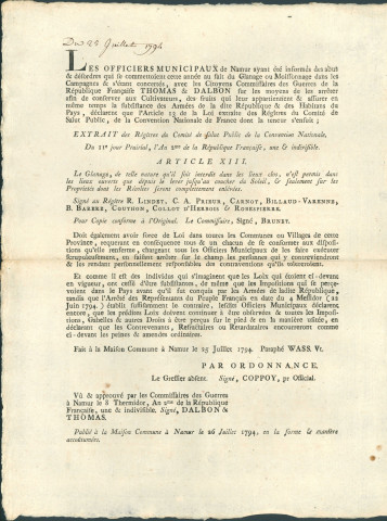 Annonce des officiers municipaux de Namur relative aux abus et désordres constatés lors du glanage et des moissons. Application de l'article 13 de la loi extraite des registres du Comité de Salut public. Signé Coppoy.