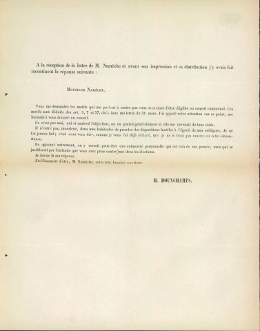 Lettre imprimée d'Henri Douxchamps à Lucien Namêche concernant le courrier précité.