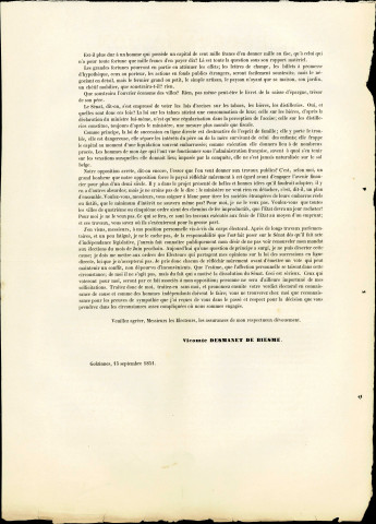 Cinq tracts électoraux du vicomte Pierre Desmanet de Biesme. (un tract date du 15 septembre 1851 ; les autres ne sont pas datés)