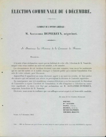Appel de L'Opinion libérale de Namur et de la province à voter pour Alexandre Dupiereux.