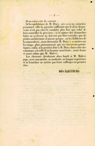 Lettre d'électeurs anonymes comparant les deux candidats que sont F.-J. Malevé et Edmond Dury.