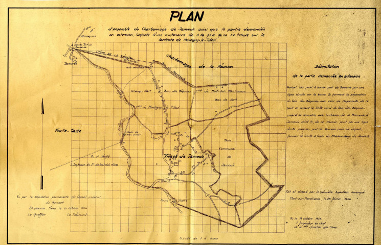 Plan d'ensemble du Charbonnage de Jamioulx ainsi que la partie demandée en extension, laquelle d'une contenance de 3 Ha. 73 a. 70 ca. se trouve sur le territoire de Montigny-le-Tilleul.