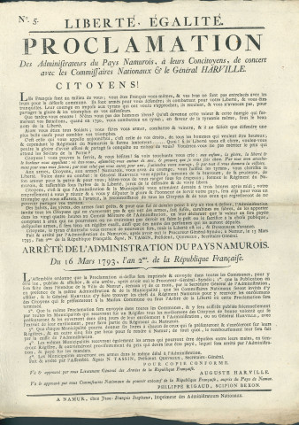 Proclamation à la population des administrateurs du pays namurois sur la constitution trop lente du régiment du Namurois et appel à s'engager. Signé .N. Tassin président, Quevreux secrétaire-général.