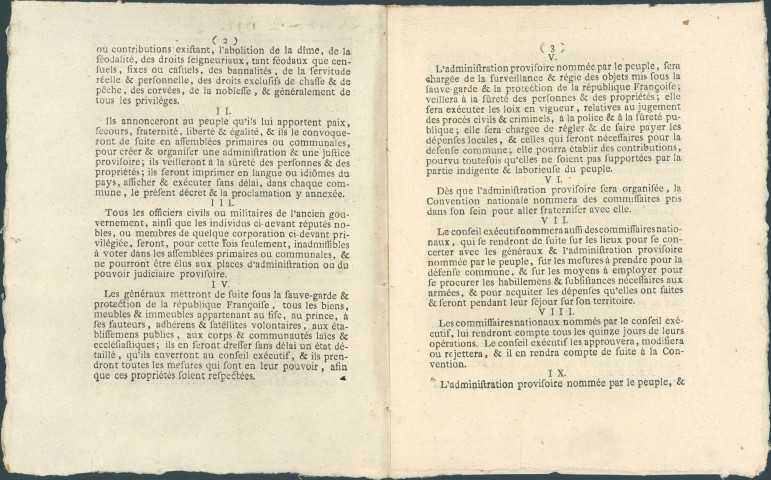 Proclamation du lieutenant-général Auguste Harville de la souveraineté du peuple de Belgique dans le comté de Namur, en vertu du décret de la Convention nationale du 15 décembre 1792.