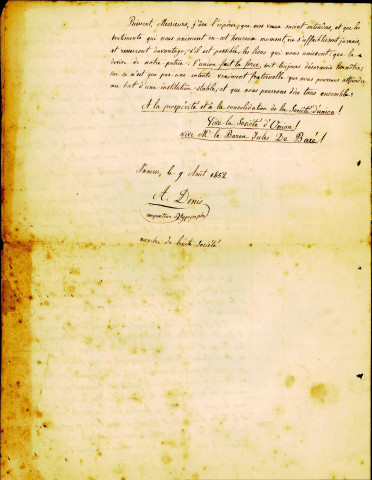 Allocution prononcée, à Namur, le 9 août 1852, dans laquelle Antoine Denis, compositeur-typographe, rappelle aux membres de la Société d'Union de Salzinnes les buts de celle-ci.