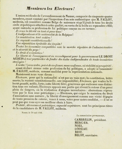 Lettre aux électeurs, signée par des membres de la Commission permanente de l'Union médicale de l'arrondissement de Namur, appuyant la candidature du docteur Louis Fallot.