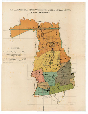 Plan de la concession des Charbonnages réunis du Rieu du Coeur et de la Boule à Quaregnon (Belgique).