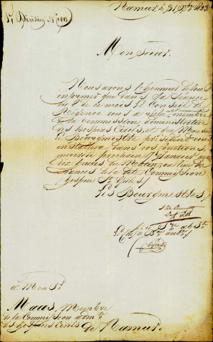 Lettres des bourgmestres de Namur à Monsieur Maus pour l'informer de sa réélection comme membre de la Commission administrative des hospices civils.