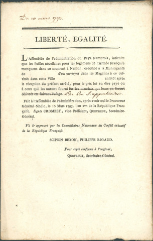 Courrier-type de l'Assemblée de l'administration à l'adresse des municipalités pour l'envoi à Namur de paille pour les logements de l'armée française. Signé Crombet vice-président, Quevreux secrétaire-général.
