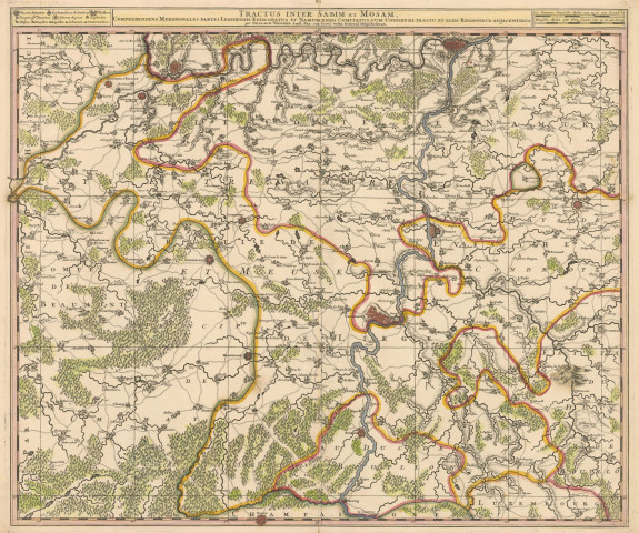 Tractus inter Sabim et Mosam, Comprehendens Meridionales partes Leodiensis Episcopatus et Namurcensis Comitatus, cum Condrusii tractu et aliis Regionibus adjacentibus per Nicolaum Visscher Amst : Bat : cum Privil : Ordin General : Belgii Foederati.