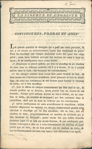 Annonce des représentants provisoires du peuple souverain du pays de Namur aux citoyens de la province de Namur sur les modalités de fourniture du bois de chauffage aux troupes