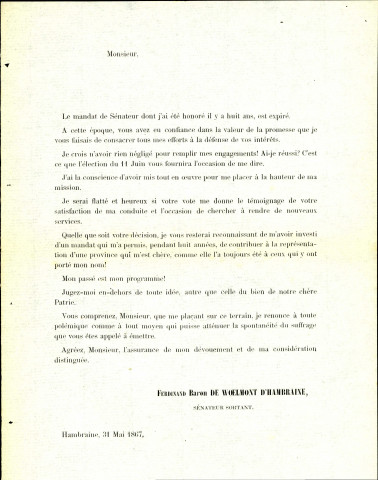 Tract électoral du baron Ferdinand de Woelmont d'Hambraine.