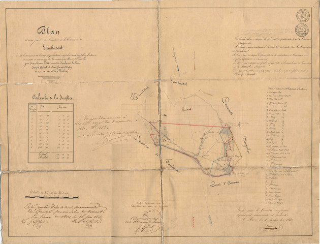 Plan d'une partie du territoire de la Commune de Lambusart, d'une Contenance de Cent Quinze hectares, vingt-huit ares, vingt-Cinq Centiares, demandée en maintenue de Concession de Mines de houille, par Jean Pierre Cors, domicilié à Lambusart, Guillaume Joseph Quinet et Jean françois Masson, tous deux domiciliés à Charleroy.