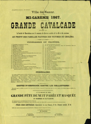 Affiche annonçant une grande cavalcade organisée, à la mi-carême 1867, au profit des familles pauvres des victimes du choléra.