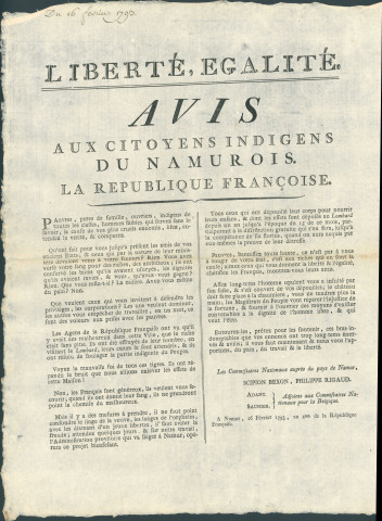 Avis aux citoyens indigens du Namurois sur les bienfaits de la République française. Signé Scipion Bexon et Philippe Rigaud commissaires nationaux auprès du pays de Namur, Adant et Saunier adjoints aux commissaires nationaux pour la Belgique.