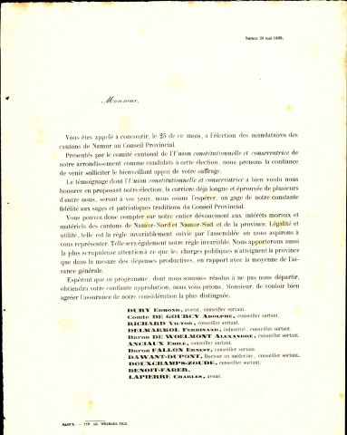 Appel à voter pour les candidats de l'Union constitutionnelle et conservatrice de l'arrondissement de Namur.