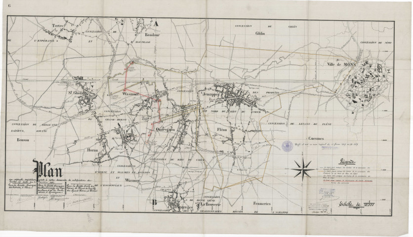 Plan en septuple expédition joint à notre demande de rectification de limites, en date du 31 janvier 1927 (Société anonyme des Produits à Flénu, Société anonyme des Charbonnages du Rieu du Coeur et de la Boule réunis à Quaregnon et Société civile des Usines et Mines de houille du Grand-Hornu, à Hornu).