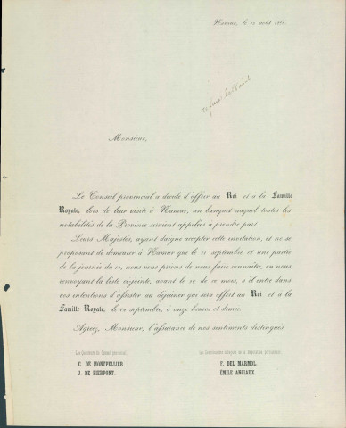 Invitation du Conseil provincial, adressée à Jules Borgnet, à assister au déjeuner offert au Roi et à la famille royale, le 12 septembre 1866. Mention manuscrite de Jules Borgnet (?) : « refusé le 18 août ».