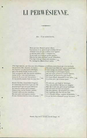 Paroles d'une chanson, en wallon, intitulée : Li Perwésienne.