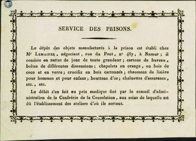 Annonce de vente d'objets manufacturés à la prison, en dépôt chez le négociant M. Lemaitre, rue du Pont 467