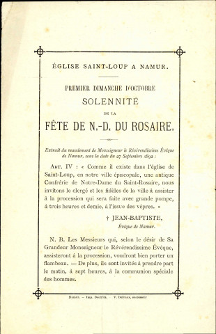 Invitation à participer à la procession organisée, le premier dimanche d'octobre, par la confrérie de Notre-Dame du Saint-Rosaire, érigée à l'église Saint-Loup de Namur.