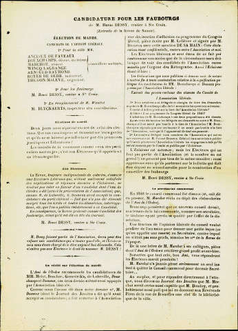 Extrait de La Revue de Namur, adressé à Jules Borgnet, appelant à voter pour Henri Dessy, rentier à Sainte-Croix et candidat libéral pour les faubourgs.