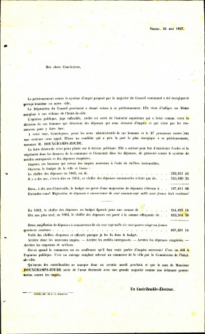 Appel, signé par « un Contribuable-Électeur », à voter pour Ignace-Joseph Douxchamps-Zoude, candidat de l'Union constitutionnelle et conservatrice de l'arrondissement de Namur.