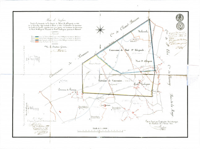 Plan de Surface Joint à la demande de la Société de Mont Ste Aldegonde en date du 19 décembre 1856 tendante à obtenir à titre d'Extension la concession des couches de houille gisantes sous une portion des territoires des Communes de Mont Ste Aldegonde, Ressaix et Leval-Trahegnies, province de Hainaut.