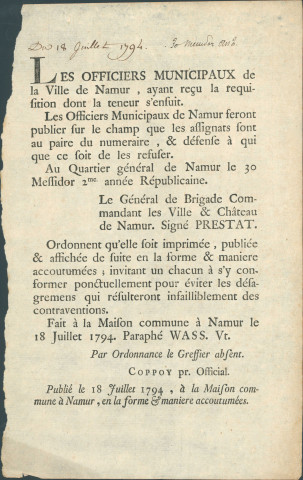 Annonce des officiers municipaux de Namur informant que "les assignats sont au paire du numéraire". Interdiction de les refuser. Décision du général de brigade Prestat. Signé Coppoy.