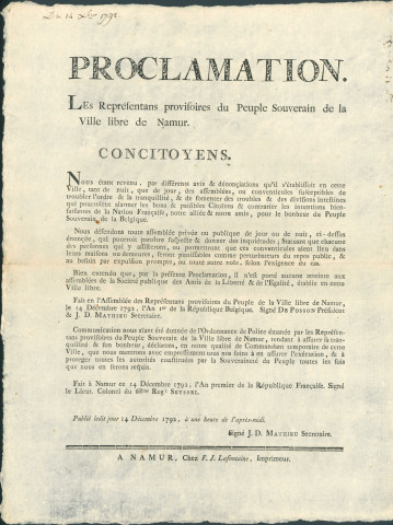 Proclamation de l'Assemblée générale des représentants provisoires du peuple souverain de Namur interdisant tout rassemblement de jour ou de nuit susceptible de troubler l'ordre public. Signé J.D. Mathieu secrétaire