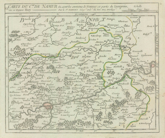 Carte du Cté de Namur où sont les environs de Namur ; et partie du Lyegeois où se trouve Huy. Par le Sr Robert Géog. ord. du Roi Avec Privilège.