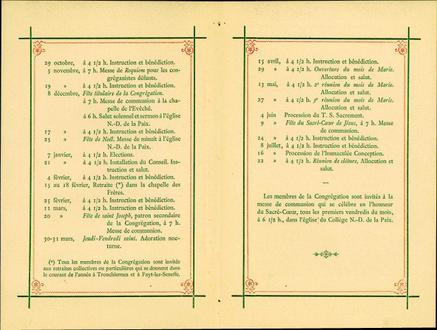 Ordre des réunions pour les années 1892-1893 et liste des membres de la Congrégation de l'Immaculée Conception.