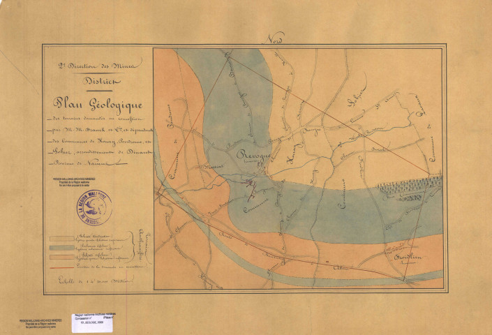 Plan géologique des terrains demandés en concession par M.M. Franck, et Cie, et dépendants des Communes de Houay, Pondrome et Sohier, arrondissement de Dinant Province de Namur.
Plan comprenant également le hameau de Revogne.